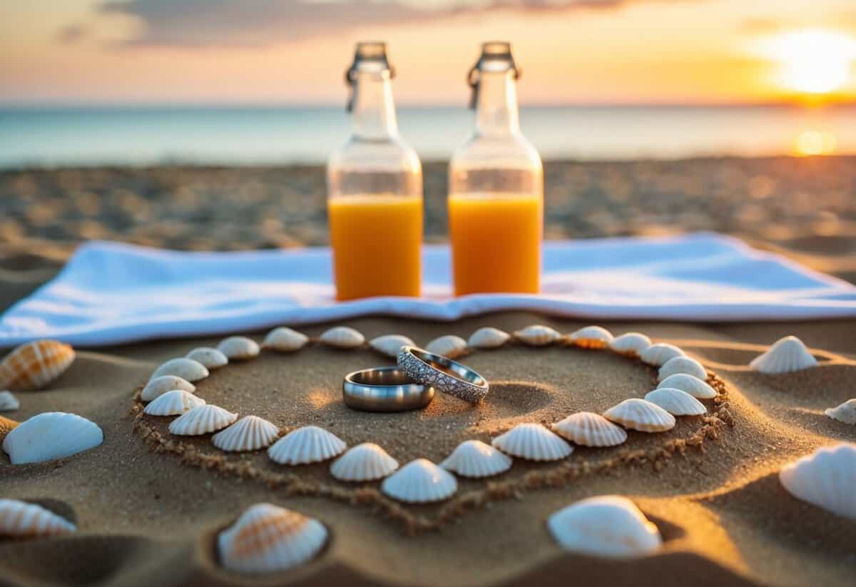 A sunset beach picnic with two rings in the sand, surrounded by a heart made of seashells