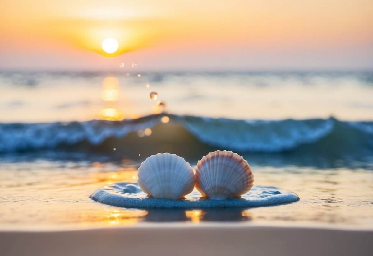 A serene beach at sunset, with two intertwined seashells and a small wave washing over them, symbolizing the harmony and unity that contribute to successful engagements