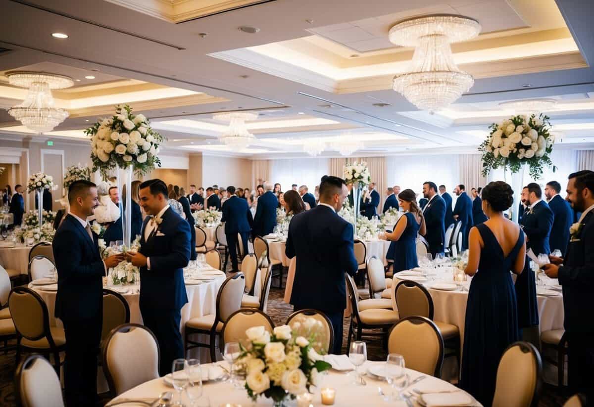 A bustling wedding venue with elegant decorations and a busy staff coordinating the event