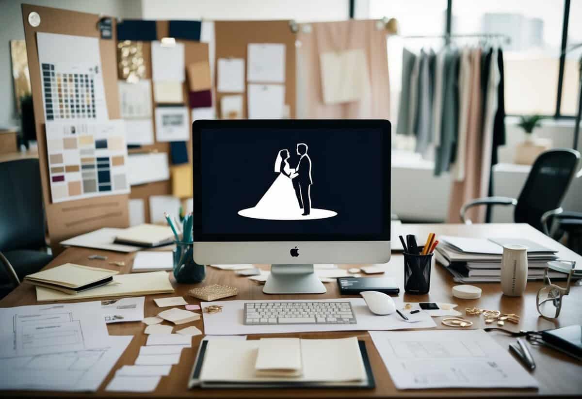 A bustling wedding planning office with mood boards, fabric swatches, and sketches scattered across the desk. A bride and groom silhouette on a computer screen