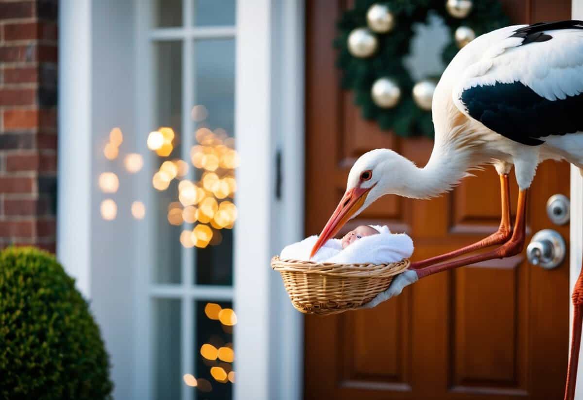 A stork delivering a baby bundle to a front door