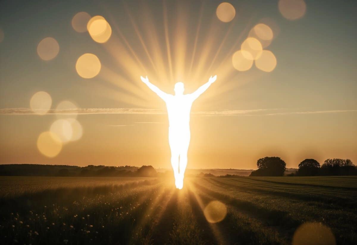 A glowing figure hovers over a peaceful countryside, radiating warmth and light