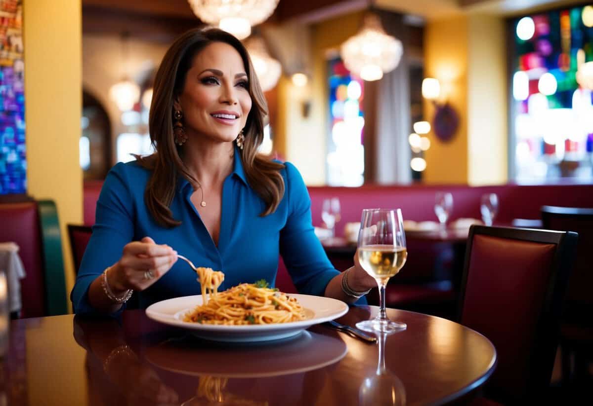 Jennifer Lopez sits at a table in an Italian restaurant, surrounded by colorful decor and enjoying a plate of pasta