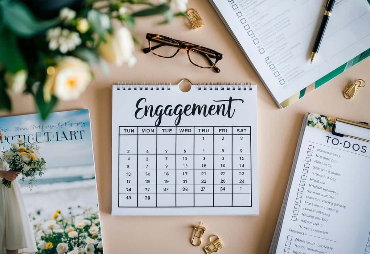 A calendar with the date of the engagement circled, surrounded by wedding magazines and a checklist of to-dos