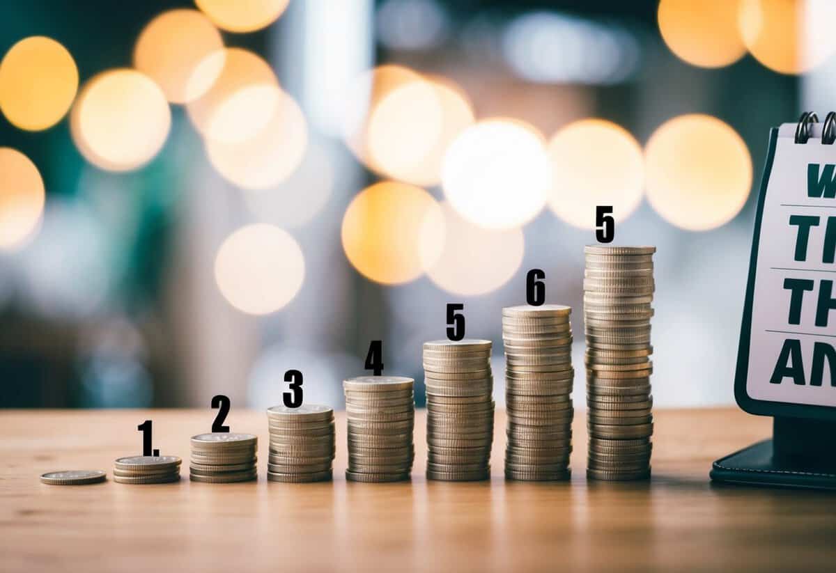 A stack of coins and a calendar, with the coins gradually increasing in height over the 5-year span