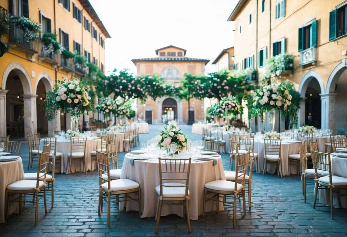 A bustling Italian wedding with a grand, floral-filled piazza. Tables set with elegant place settings and a charming, cobblestone street in the background