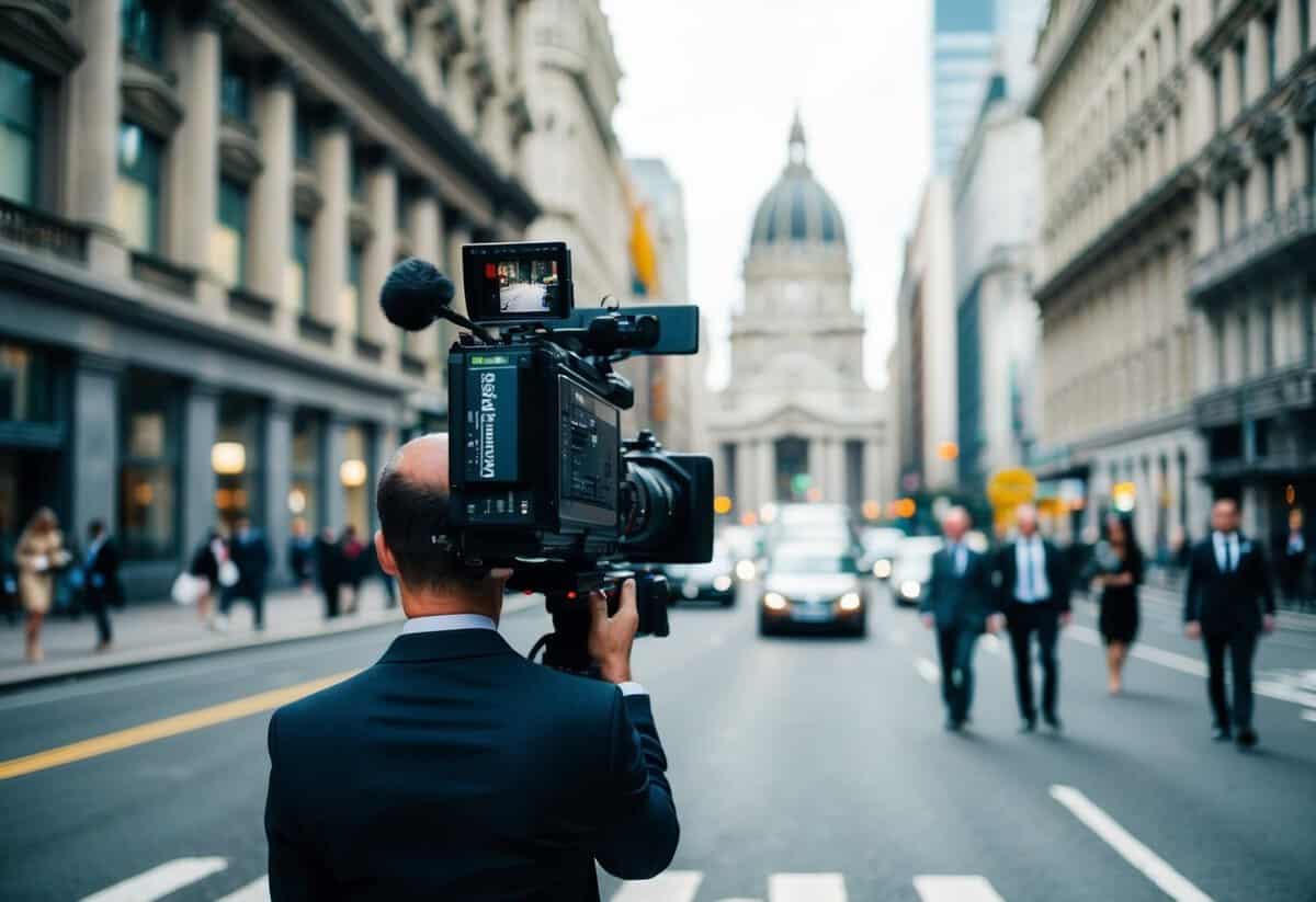 A bustling city street with a grand, ornate building in the background, where the wedding planner was filmed