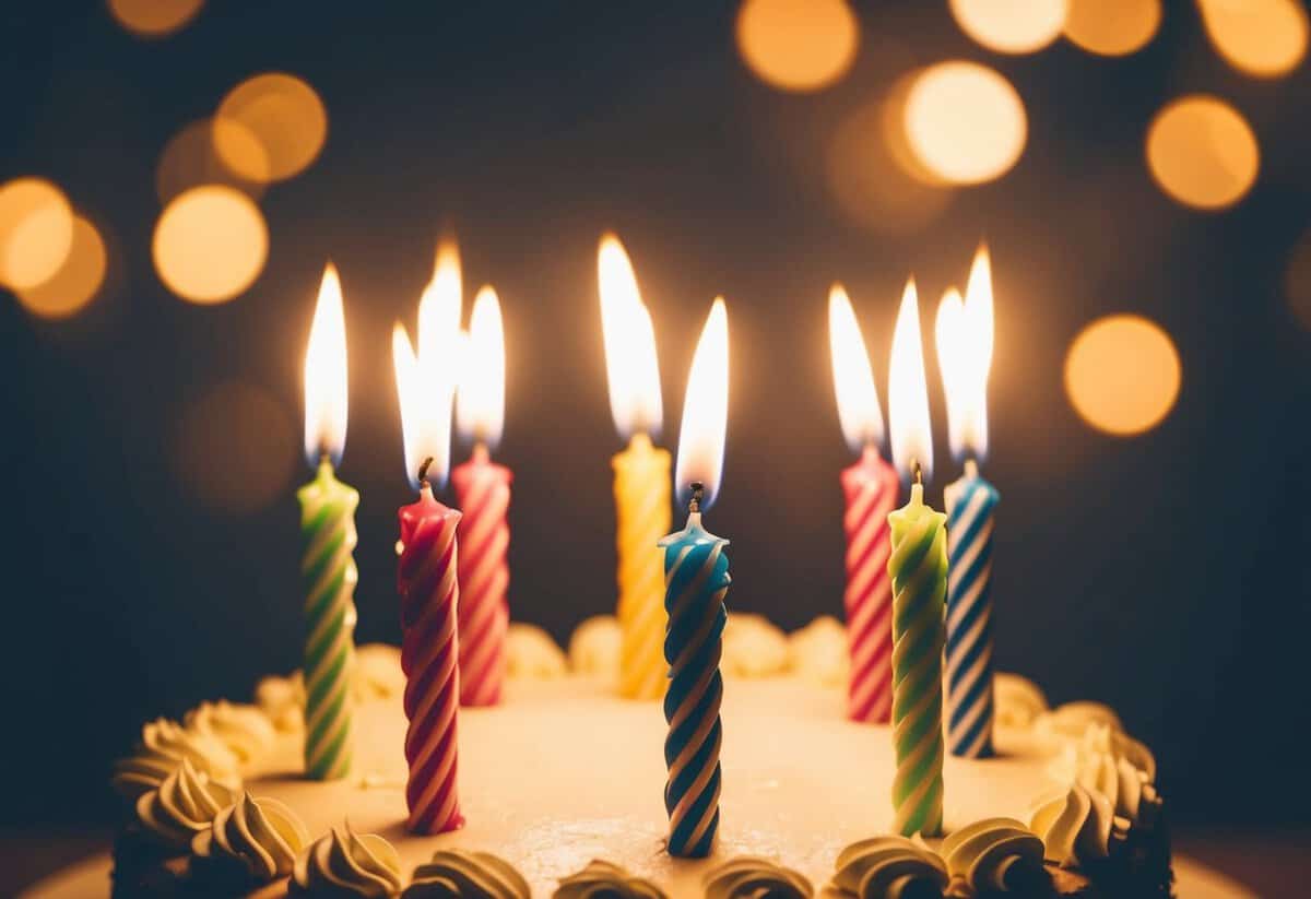 A birthday cake with six lit candles