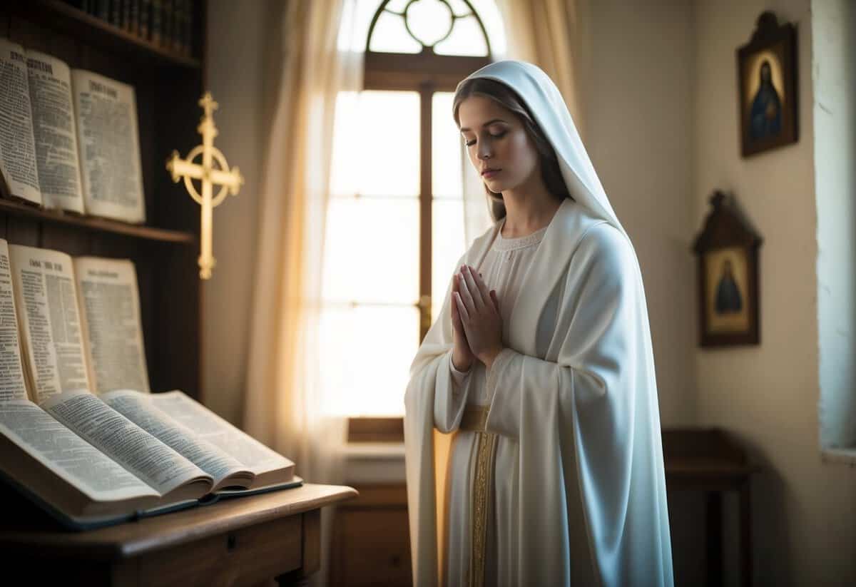 Mary standing in a humble room, surrounded by scriptures and religious symbols. A soft light illuminates her serene expression as she contemplates her role in LDS beliefs
