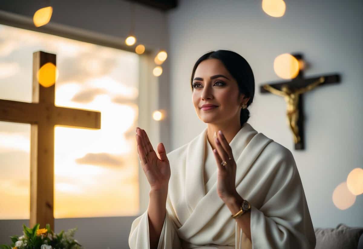 A serene woman in a humble setting, surrounded by symbols of faith and grace, radiating a sense of divine purpose and inner strength