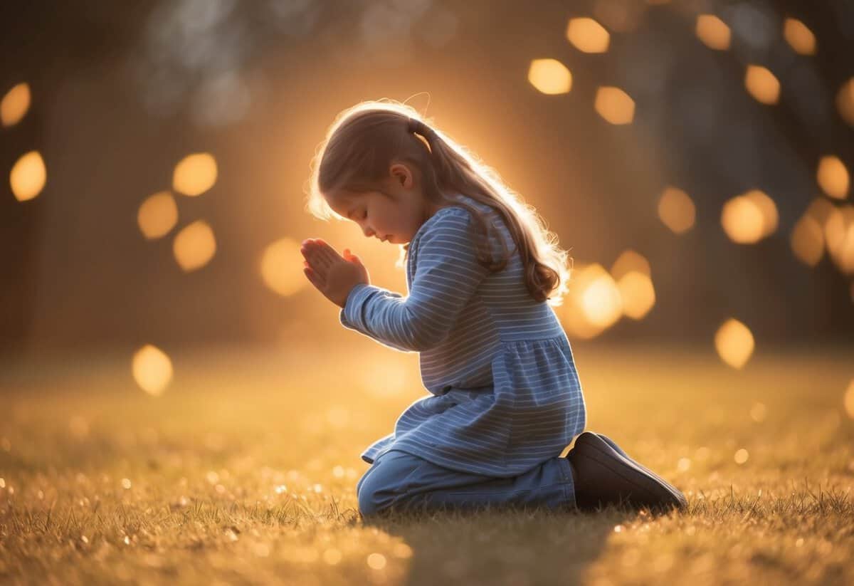 A young girl kneeling in prayer, surrounded by a warm glow, with a sense of peace and reverence in the air