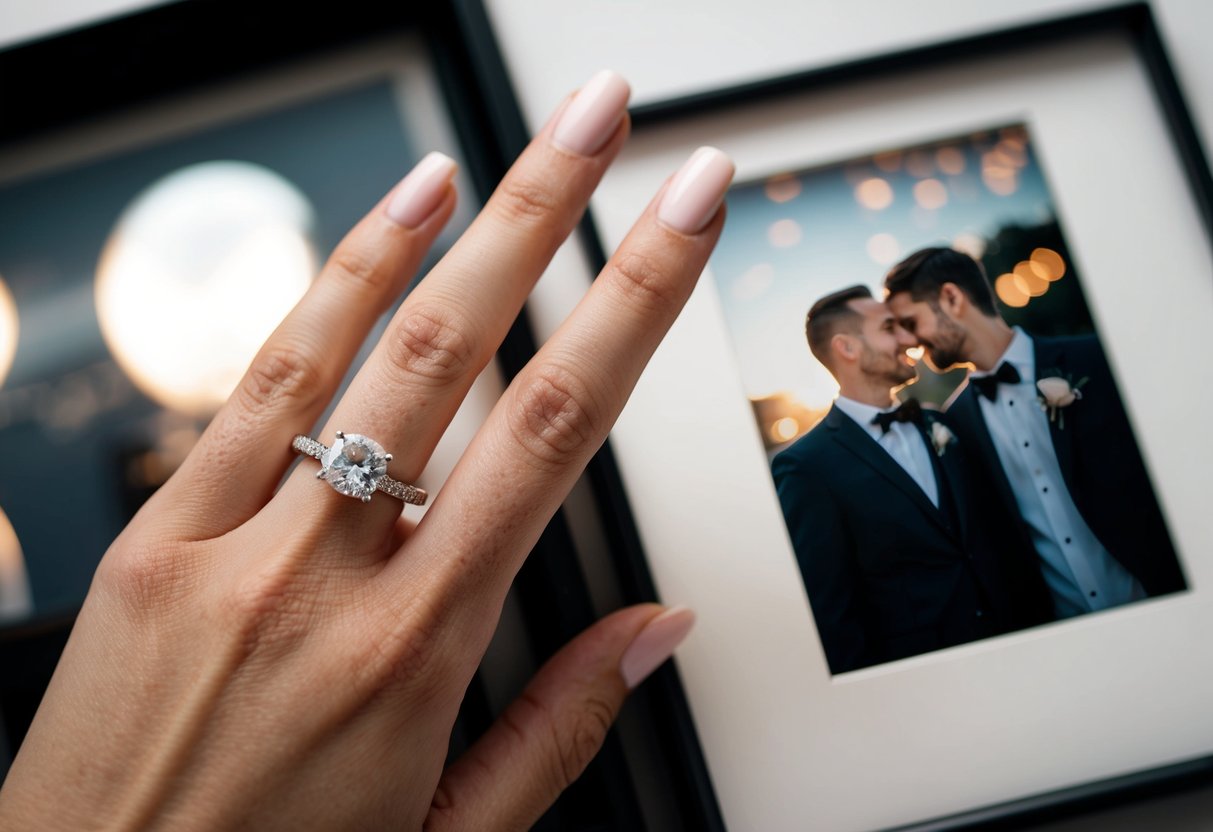 A wedding ring on a finger next to a framed photo
