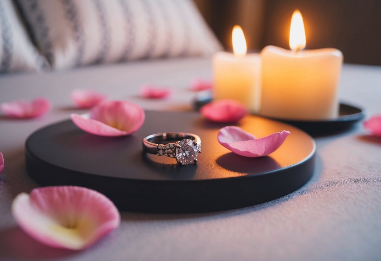 A wedding ring on a bedside table, surrounded by rose petals and candlelight