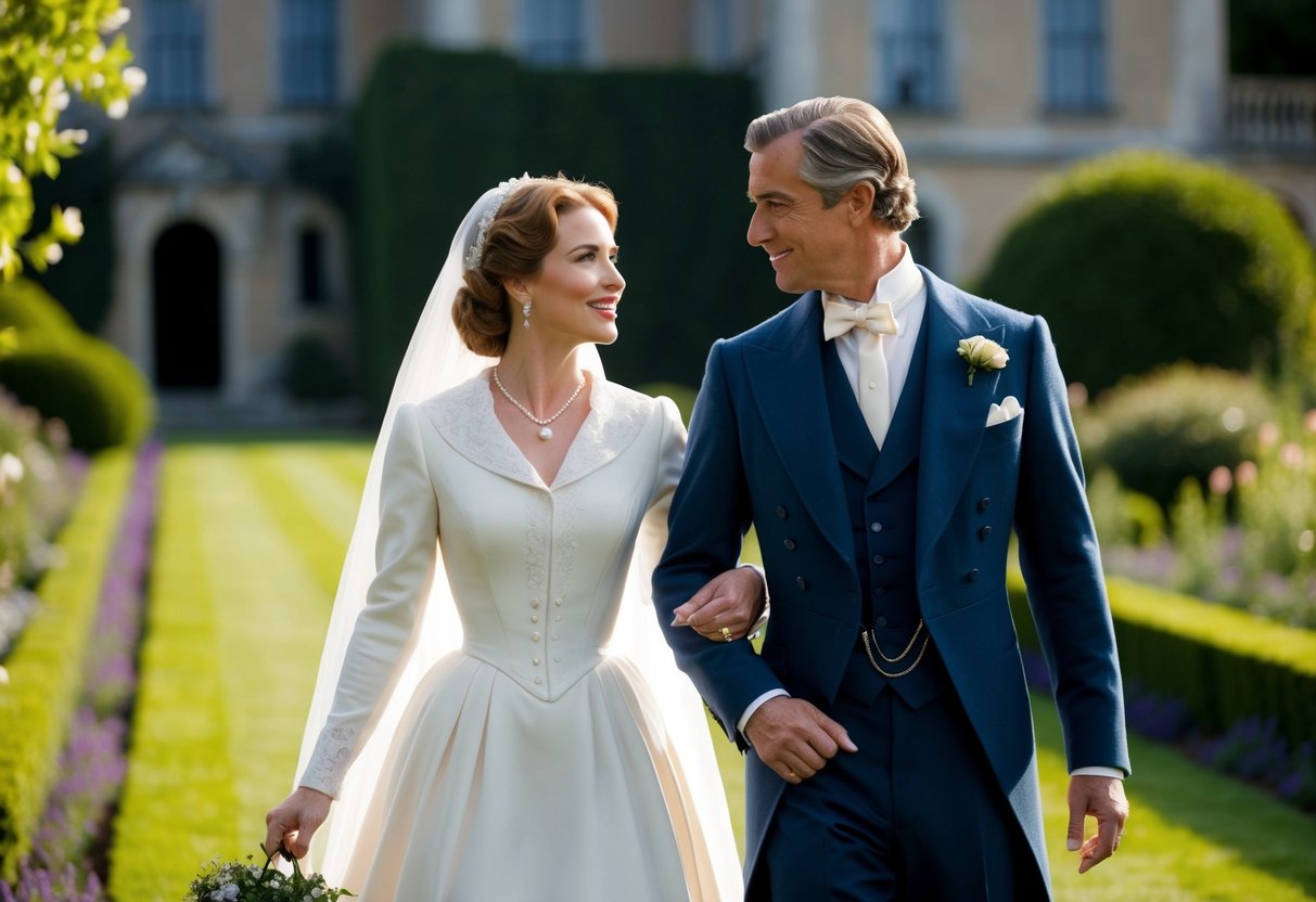 Mary's second husband, a dashing and distinguished gentleman, gazes lovingly at her as they stroll through the grand gardens of their estate