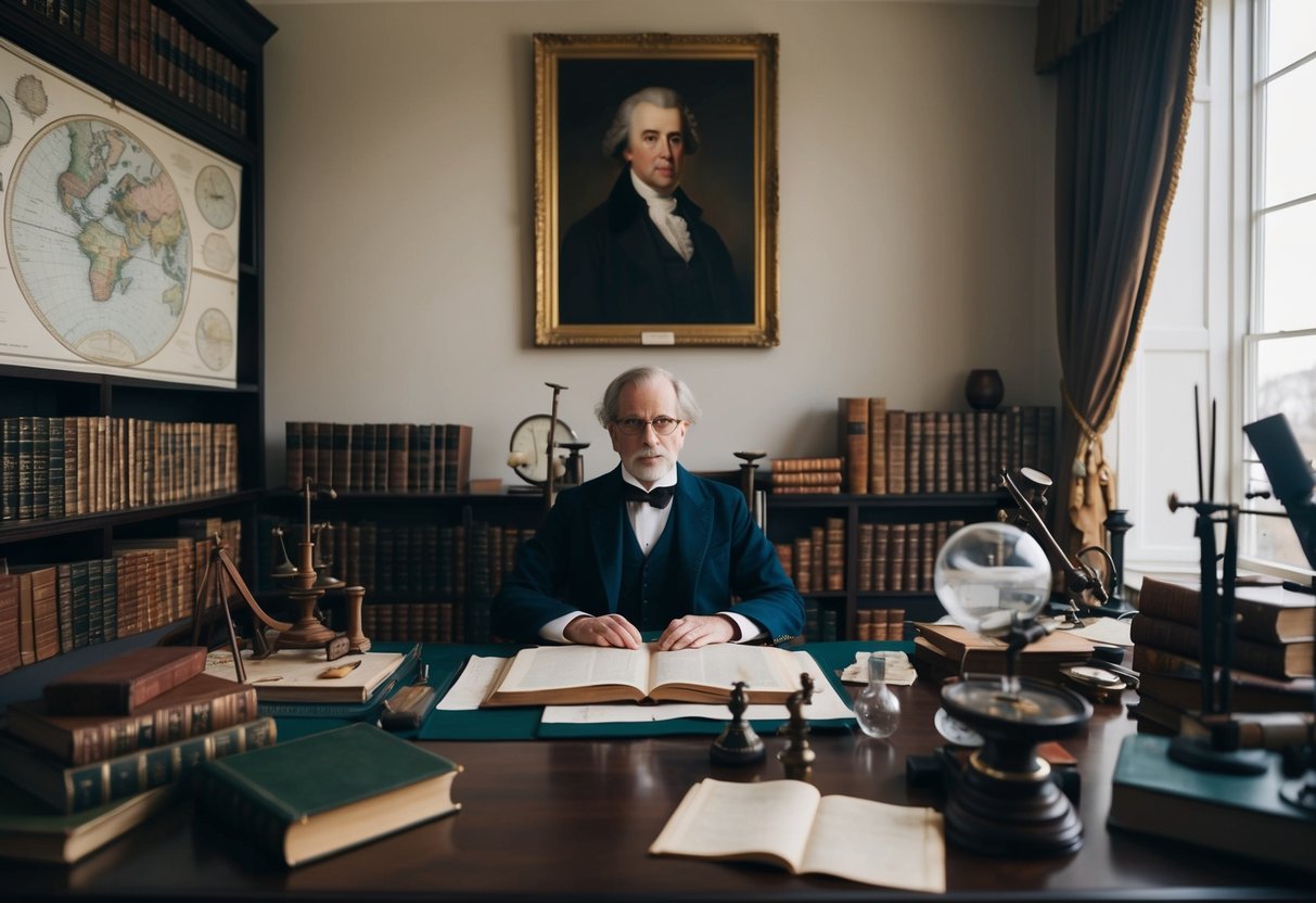 A gentleman's study with books, maps, and scientific instruments scattered about, a portrait of Henry Talbot on the wall