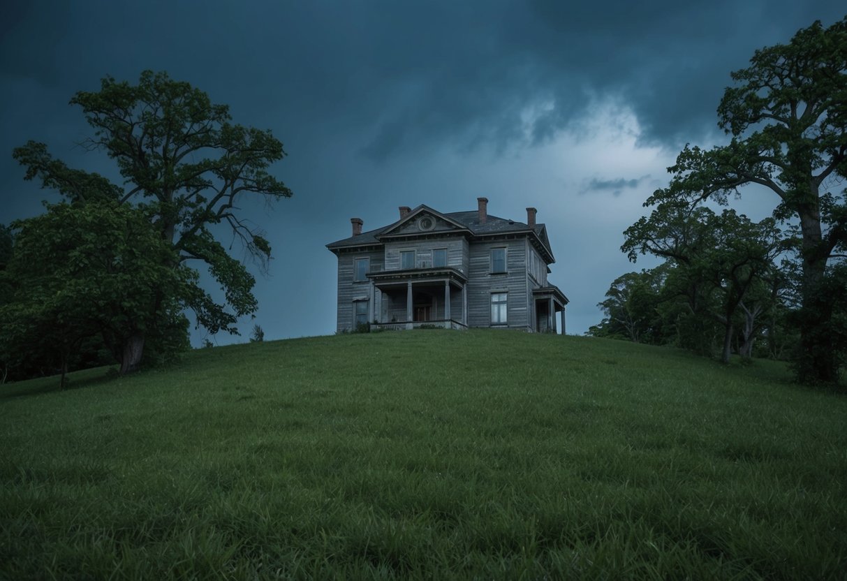 A stormy night with a lone, abandoned mansion on a hill, surrounded by overgrown trees and a sense of eerie silence
