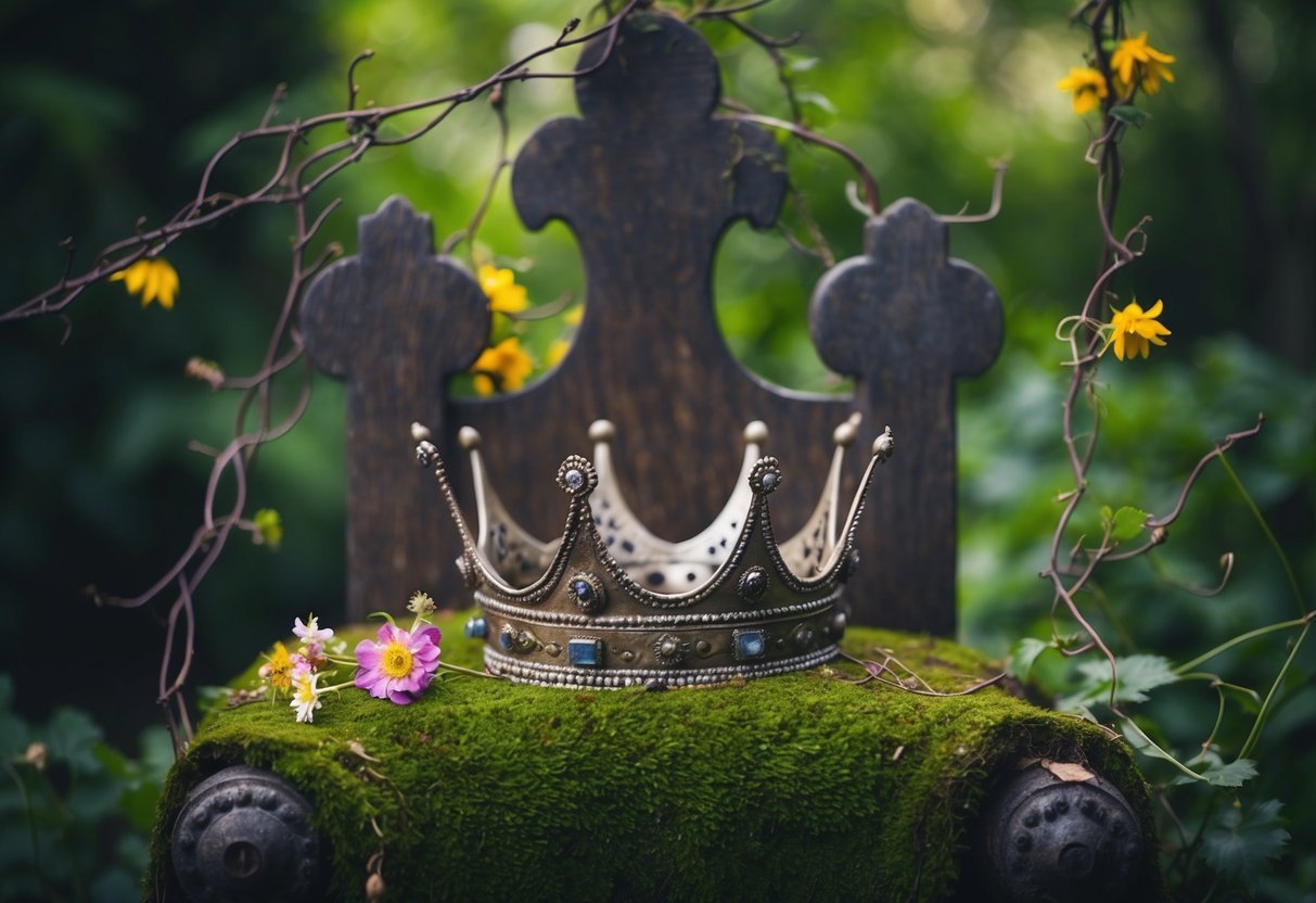 A crown lies abandoned on a mossy throne, surrounded by wilting flowers and tangled vines