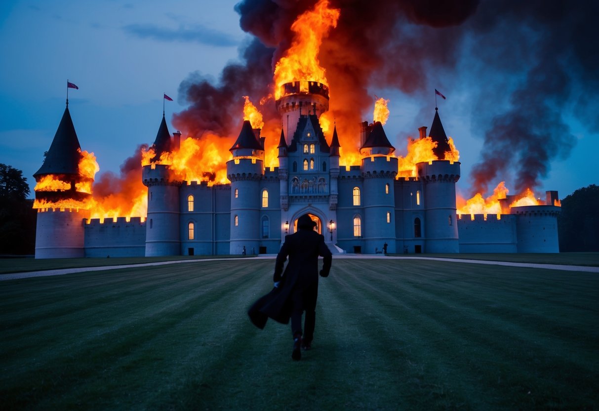 A grand castle engulfed in flames, with a mysterious figure fleeing into the night