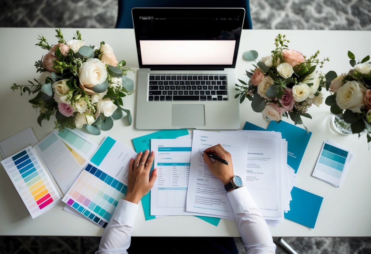 A busy wedding planner's desk with scattered papers and a laptop, surrounded by color swatches and floral arrangements