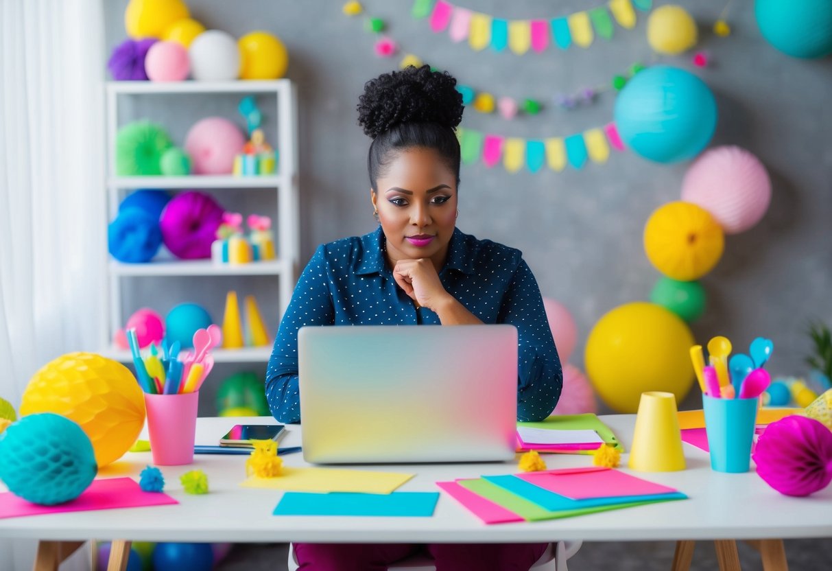 A party planner sits at a desk with a laptop, surrounded by colorful decor and event supplies. They are deep in thought, considering various options and making calculations