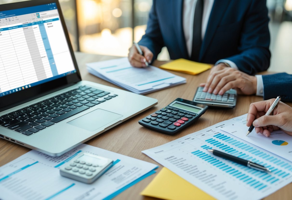 A table with spreadsheets and receipts, a calculator, and a laptop with a budgeting software open