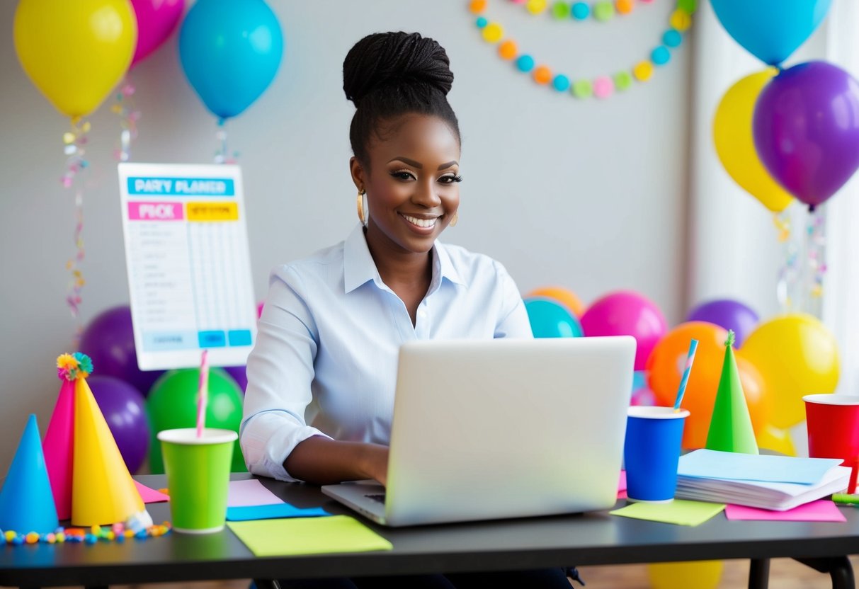 A party planner sits at a desk with a laptop, surrounded by colorful party decorations and supplies. A price list is visible on the screen