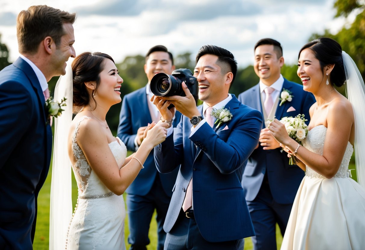 A wedding photographer holding a camera, surrounded by a bride and groom, capturing a joyful moment