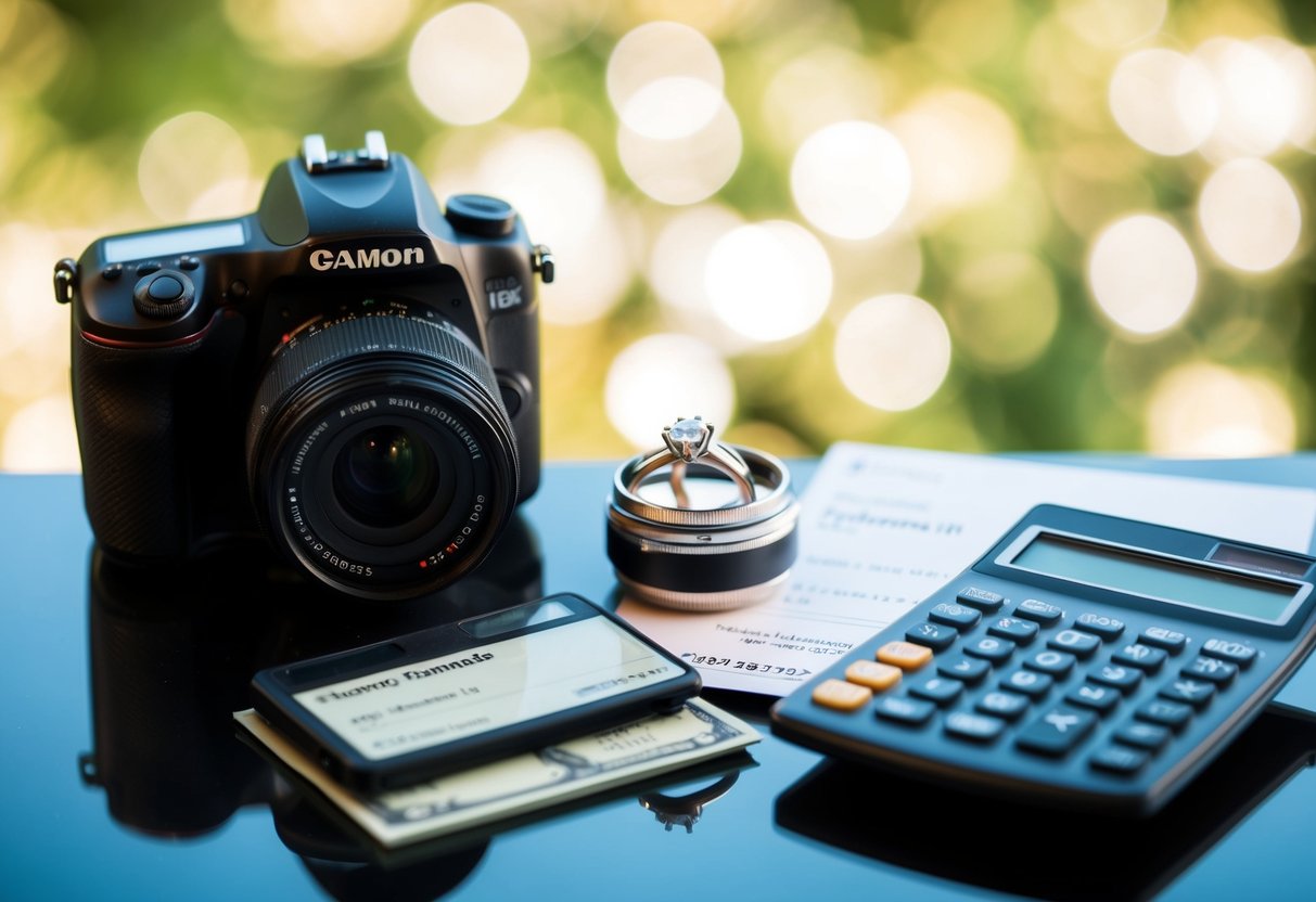 A wedding photographer's earnings: a camera, wedding rings, a payment check, and a calculator