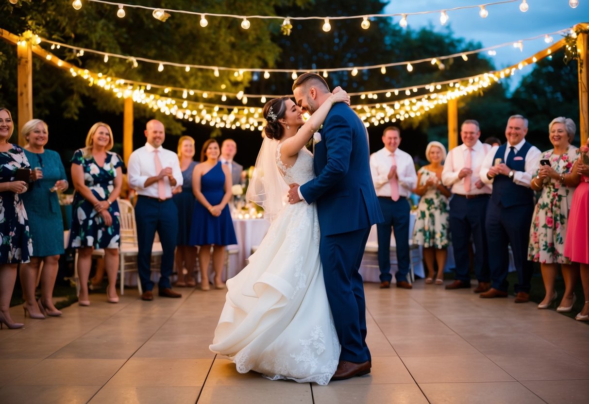 A wedding photographer in the UK capturing a couple's first dance at a beautiful outdoor reception, surrounded by twinkling lights and happy guests
