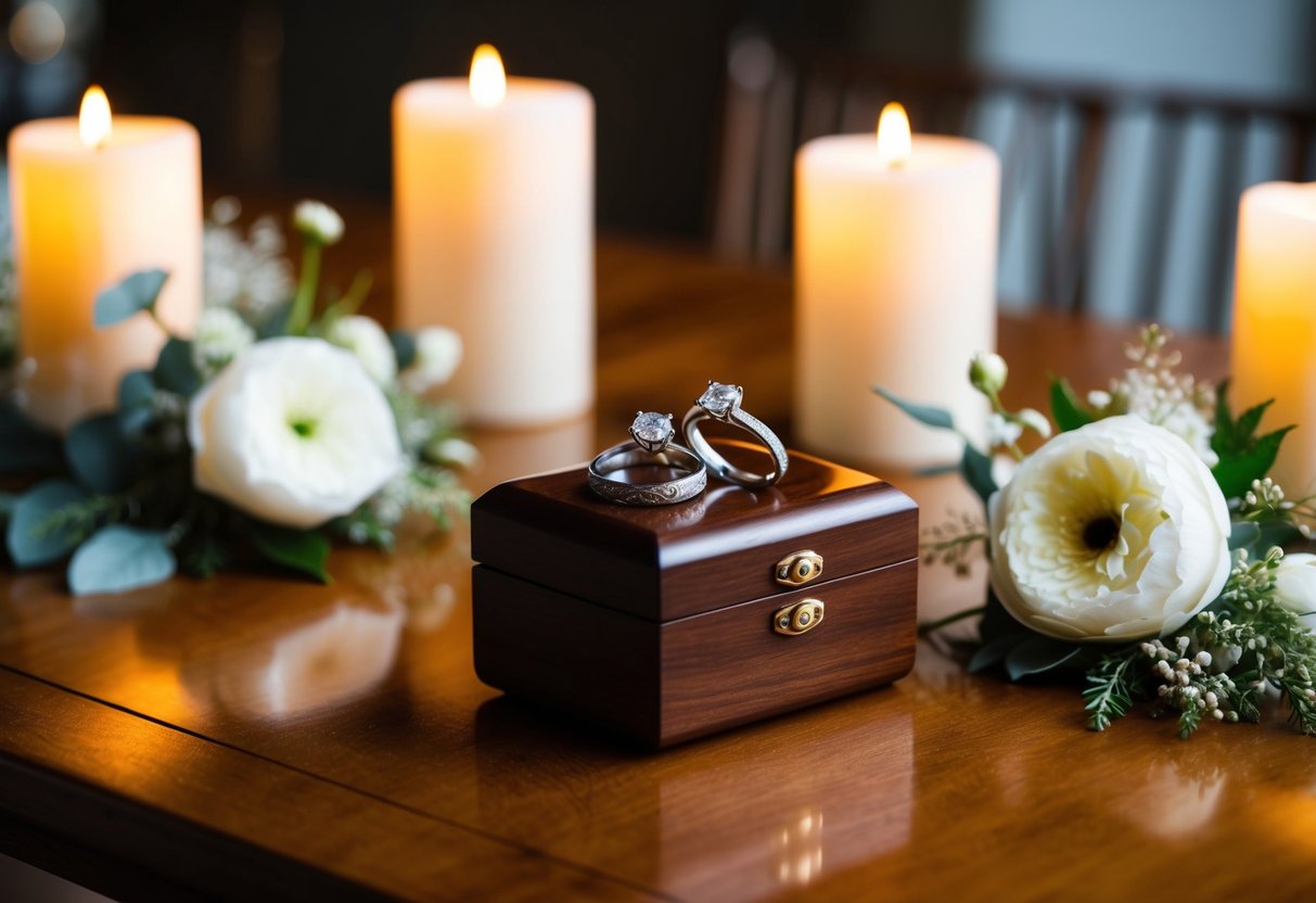 A handcrafted wooden box with two gleaming wedding rings sits on a polished oak table, surrounded by delicate floral arrangements and softly glowing candlelight