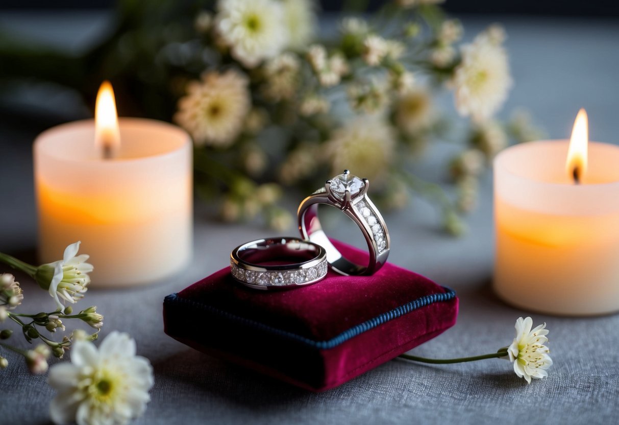 Two wedding rings displayed on a velvet cushion, surrounded by soft candlelight and delicate flowers