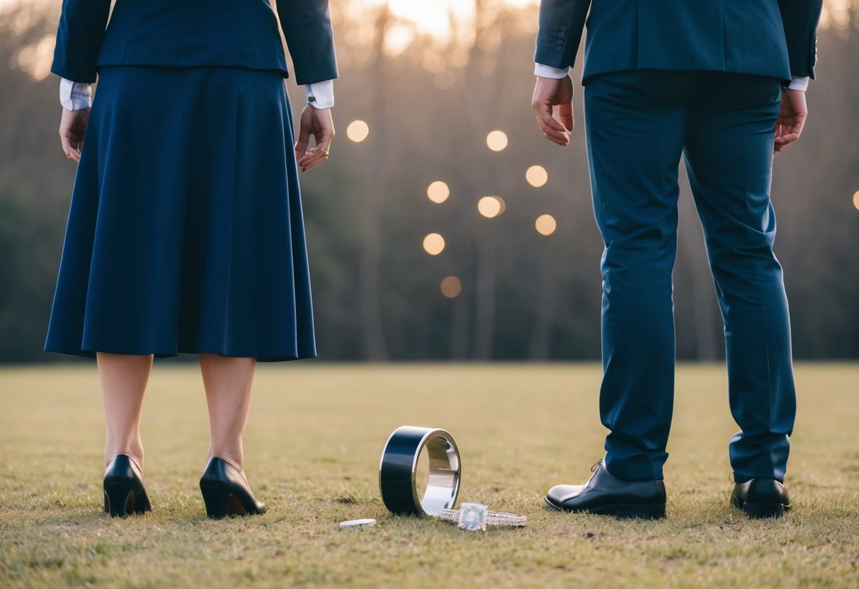 Mary and Tomas stand apart, their backs turned to each other. A broken engagement ring lies on the ground between them