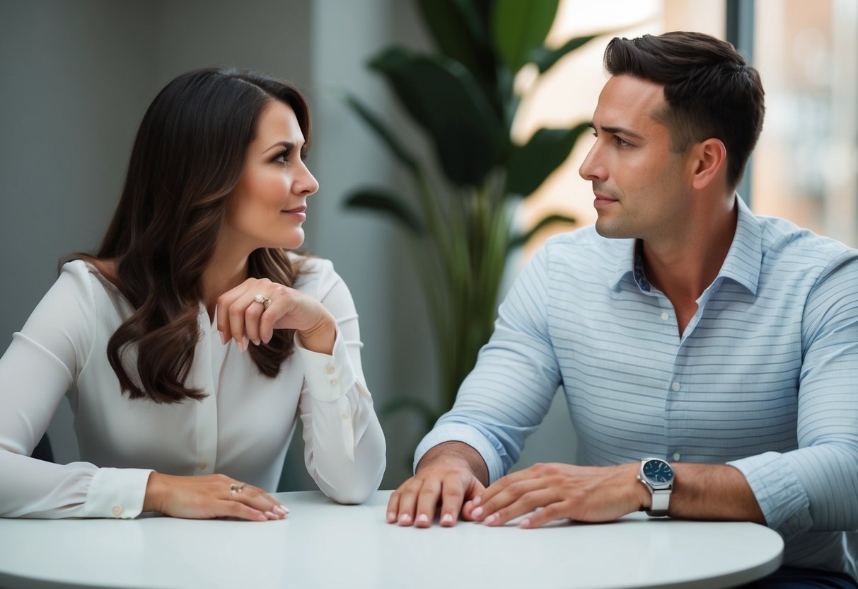 Mary and Tomas sitting on opposite sides of a table, looking away from each other with tense expressions. Mary's hand reaching for her engagement ring, hesitating