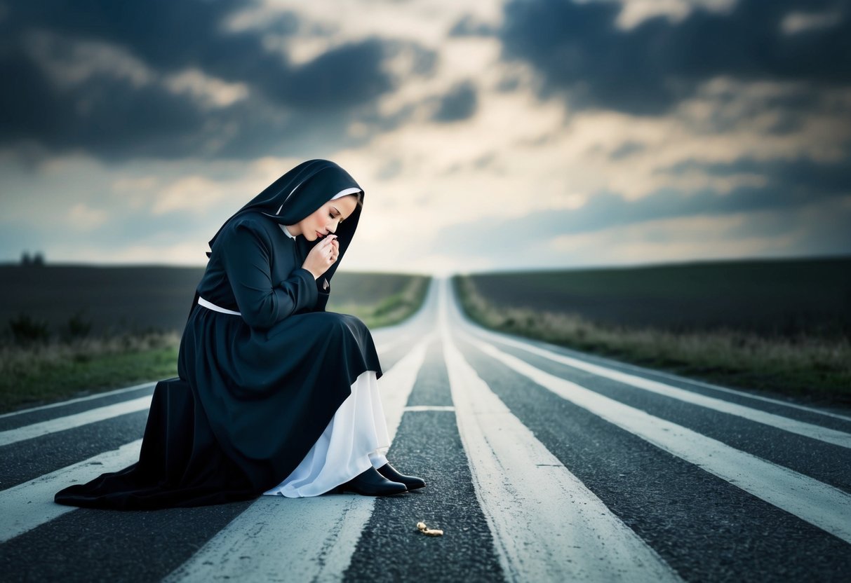 Mary sits alone at a crossroads, torn between two paths. A shadow looms over her as she gazes at a wedding ring, her face etched with uncertainty