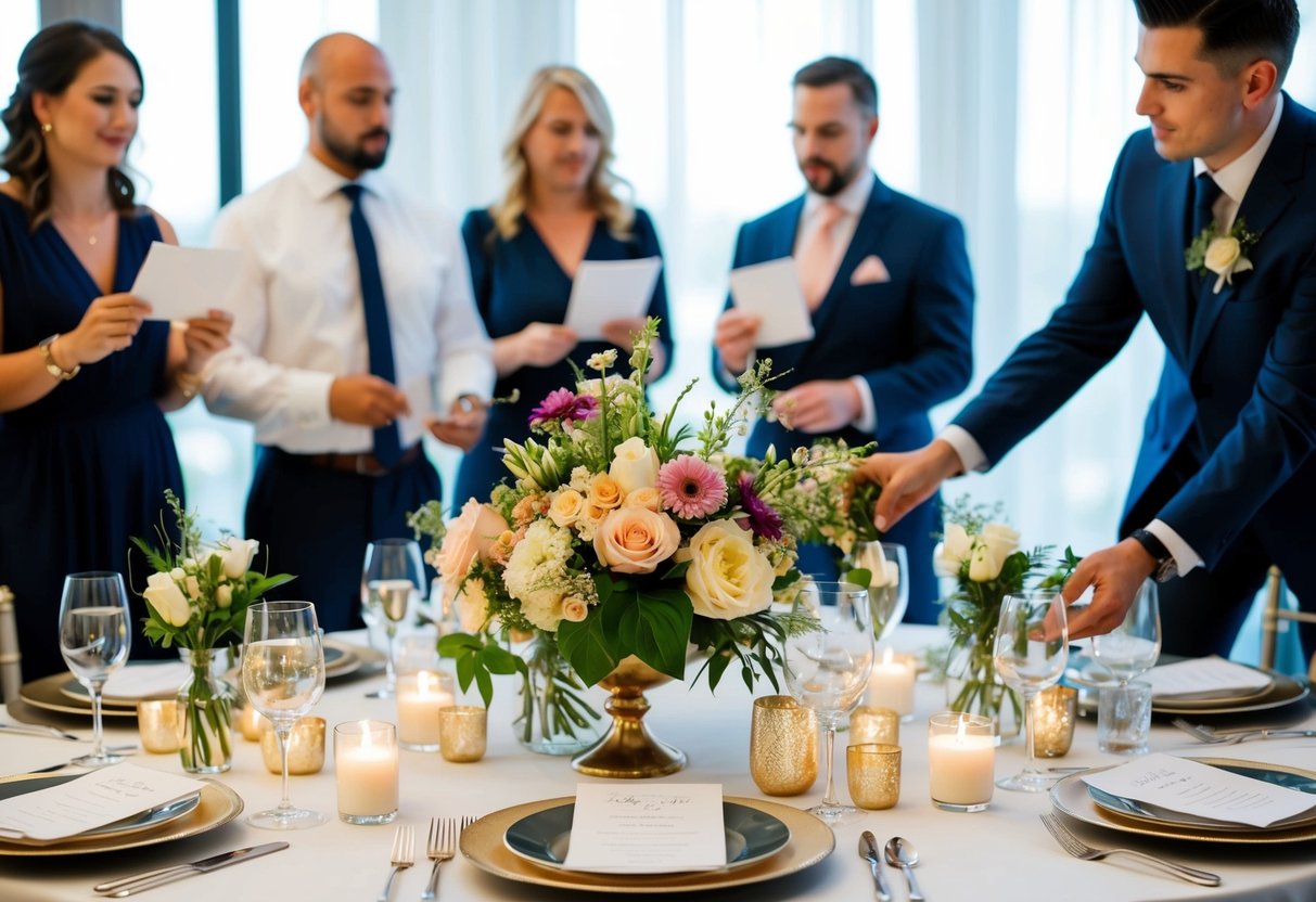 A wedding planner organizes a table setting with flowers, candles, and place cards, while coordinating with vendors and overseeing the event setup