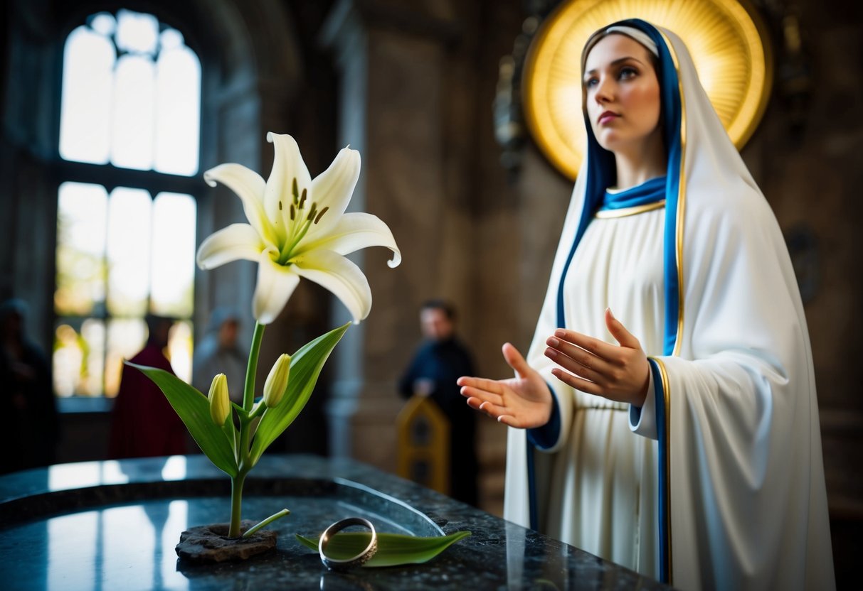 Mary stands before a sacred shrine, her hand resting on a single white lily. A wedding ring lies discarded at her feet, as she gazes upward with a look of solemn determination