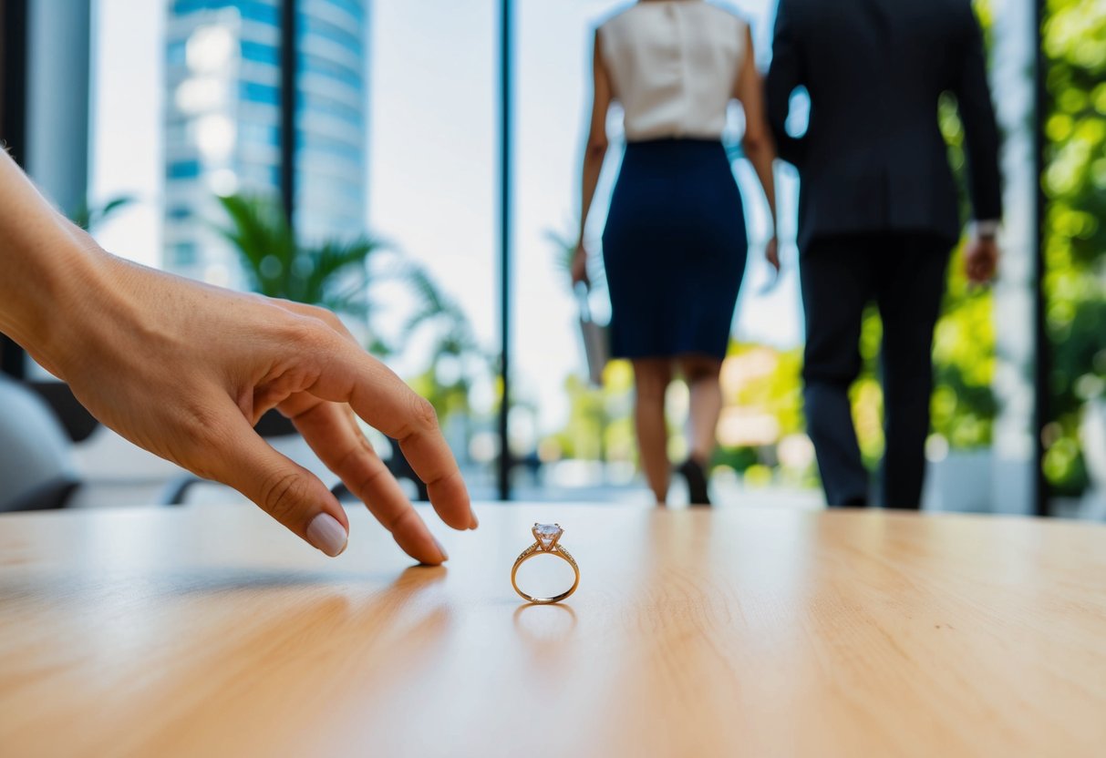 A woman walks away from a man, leaving a wedding ring behind on a table