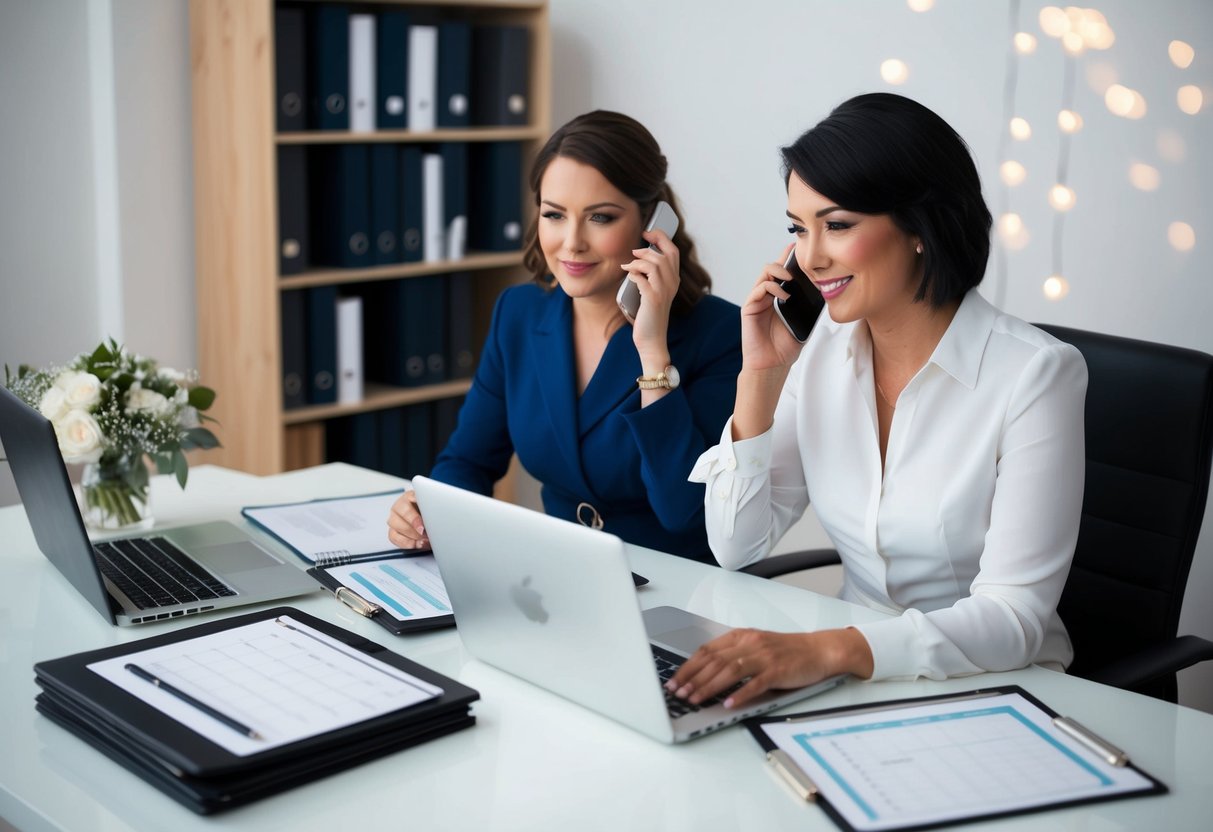 A wedding planner sits at a desk, surrounded by folders and a laptop. They are on the phone, discussing details with a client. A calendar and payment invoices are visible on the desk