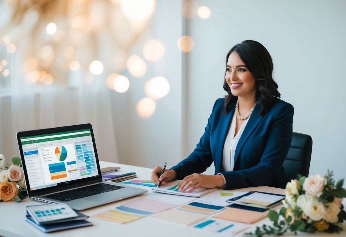 A wedding planner sitting at a desk surrounded by fabric swatches, flower samples, and a laptop with spreadsheets and budgeting software open