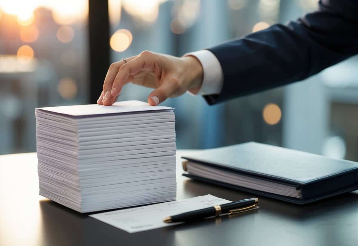 A hand reaching out to place a stack of wedding invitations on a table, alongside a pen and a checkbook