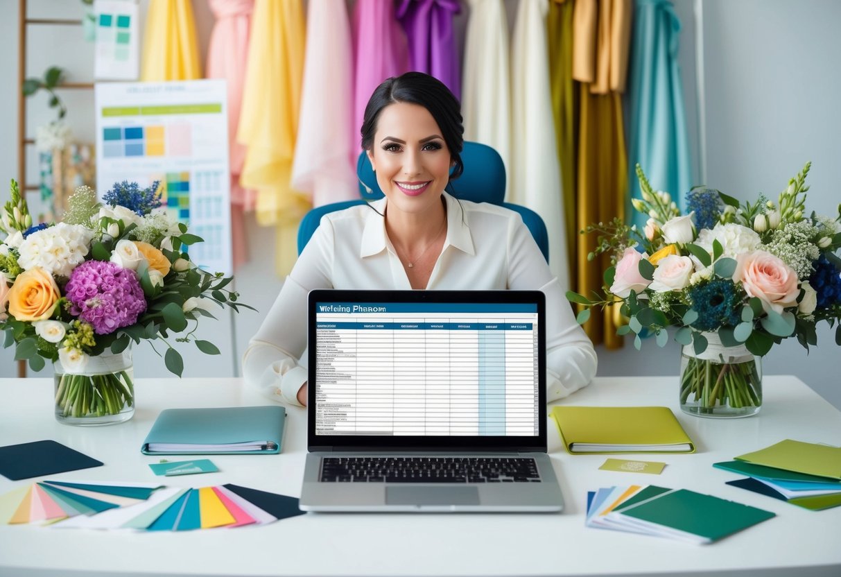 A wedding planner sits at a desk surrounded by colorful mood boards, fabric swatches, and floral arrangements. A laptop displays a detailed budget spreadsheet