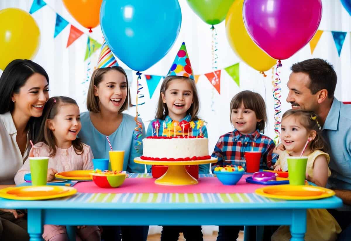 A colorful party table with balloons, cake, and decorations, surrounded by happy children and parents in a festive setting