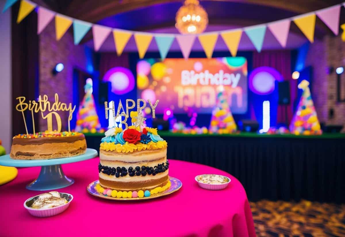A festive birthday party scene with decorations, a cake, and entertainment, set in a UK venue