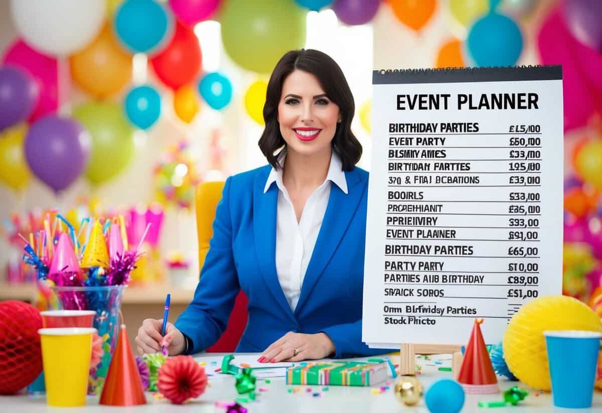 An event planner stands at a desk, surrounded by colorful party decorations and supplies. A price list is displayed prominently, with various packages and options for birthday parties in the UK