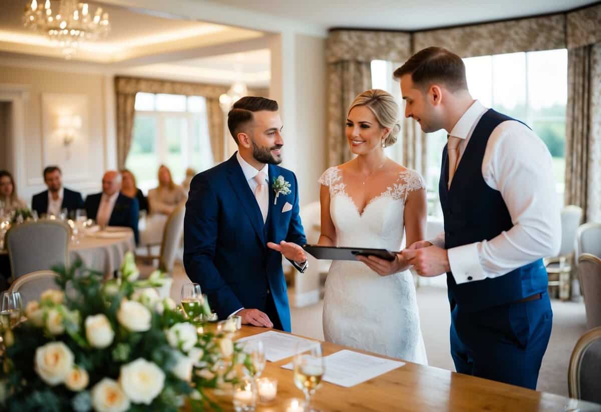 A couple and a venue manager discussing pricing in a cozy, elegant wedding venue setting in the UK