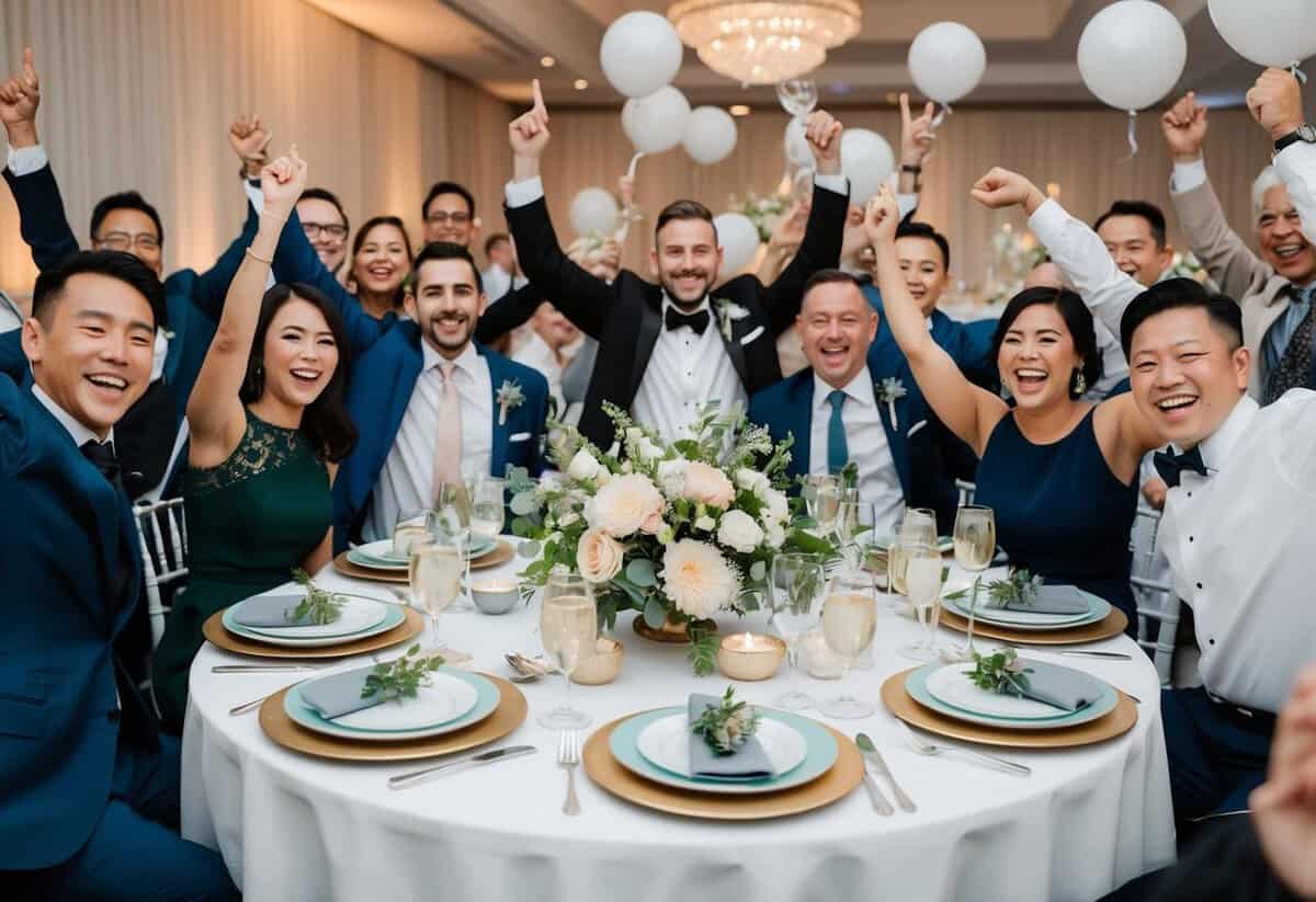 A table set with elegant dishes and floral centerpieces, surrounded by joyous guests celebrating the upcoming wedding