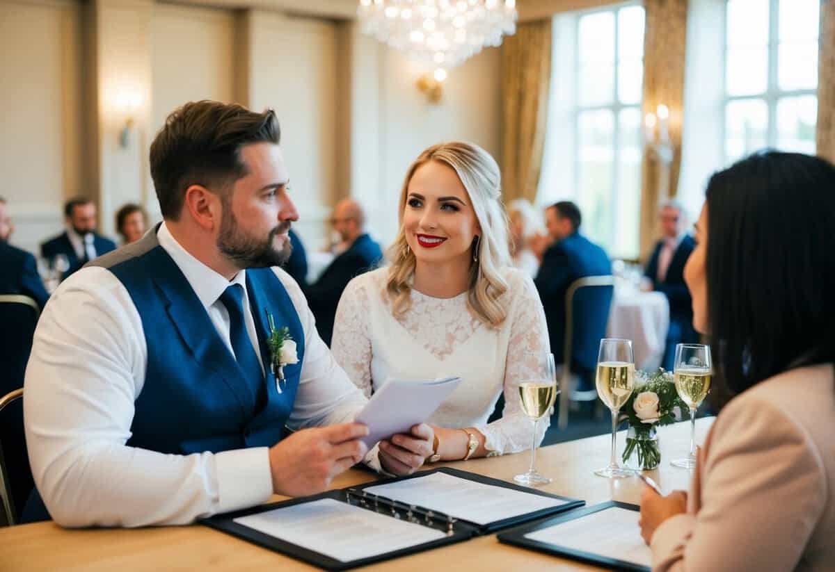 A couple and a wedding planner discussing venue options and pricing in the UK