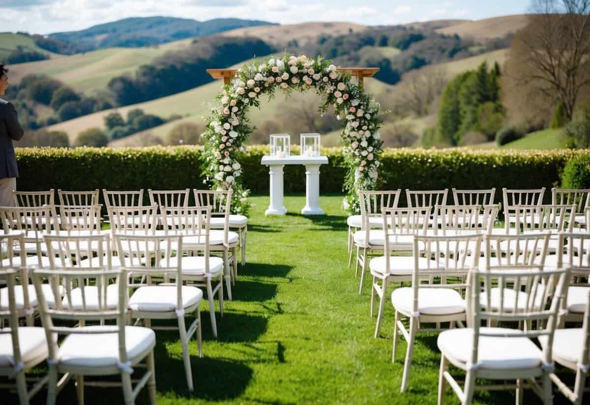 A cozy outdoor ceremony with 200 chairs arranged in neat rows, a floral arch at the altar, and a picturesque view of rolling hills in the background