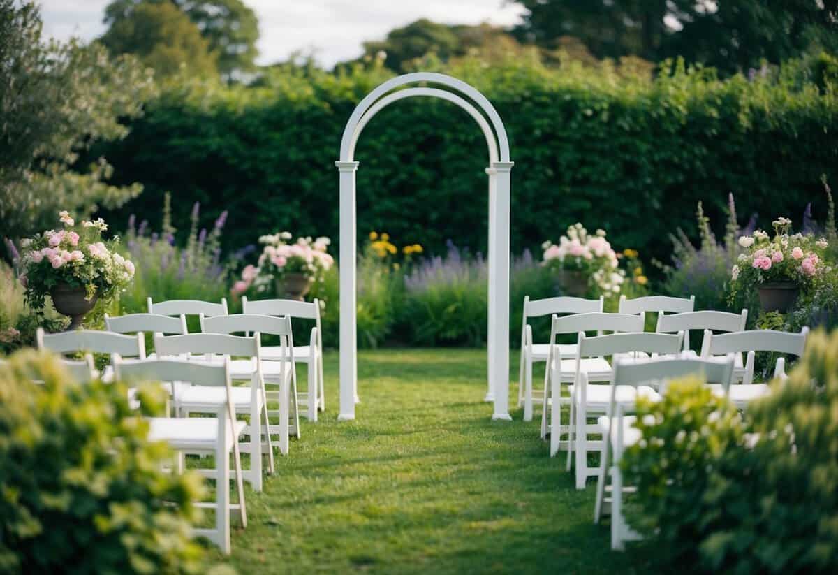 A cozy outdoor garden setting with a simple arch and a few rows of chairs, surrounded by lush greenery and blooming flowers