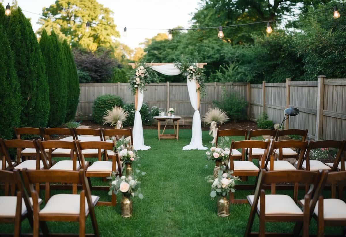 A cozy backyard set for a small wedding with a simple arch, floral decorations, and seating for a small number of guests
